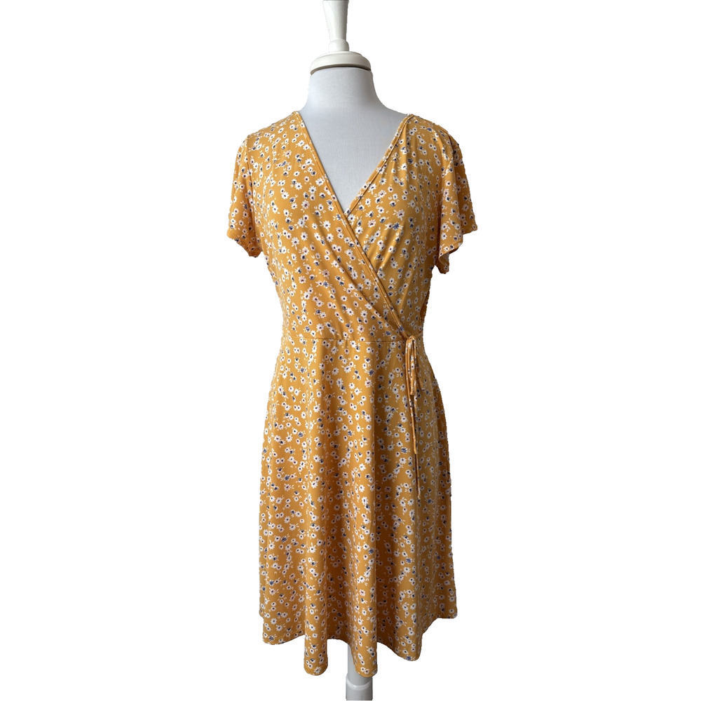 Kaleigh Women’s XL Boho Yellow Purple Floral V Front Back Wrap Lightweight Dress